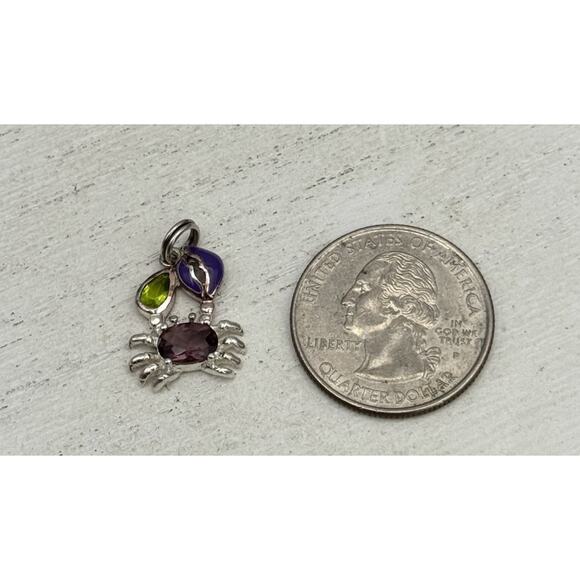 Sterling Rhodium Plated Peridot Pink Quartz Enamel Dungeness CRAB Small Charm 2G - Picture 4 of 5